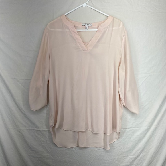 Chaus Tops - Chaus New York Womens Blush Pink Roll Tab Sleeve V-Neck Blouse Large High Low